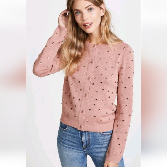 Alice + Olivia Ruthie Rhinestone Cardigan Tea Rose Pink Wool Sweater Buttons M